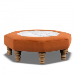 Cadora Octagonal Ottoman 121cm (48") with Marble Inlay in Linwood Romney Wool Ember - Top Edge Self Piped - 12.7cm (5") Turned Leg Oak - No Trim