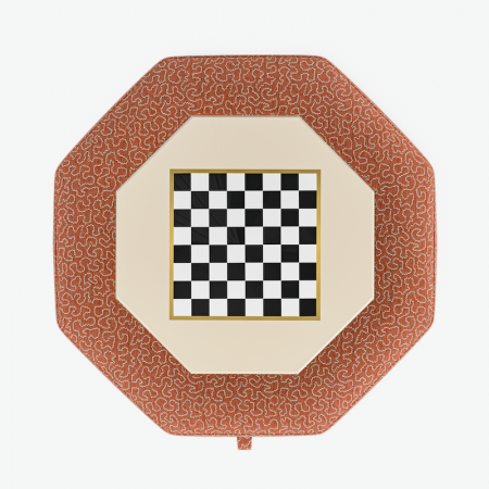 Delamere Octagonal Storage Ottoman 121cm (48") with Chess Board Inlay in Linwood Tango Weaves Carmine - Top Edge Self Piped - 12.7cm (5") Turned Leg Oak - No Trim