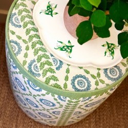 Design Change Galloway Drum Stool, Body + Top in Charlotte Gaisford Piccadilly Green, Contrast Band in Customers Own Material