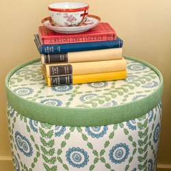 Design Change Galloway Drum Stool, Body + Top in Charlotte Gaisford Piccadilly Green, Contrast Band in Customers Own Material