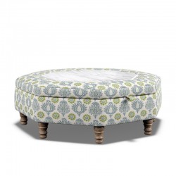 Delamere Octagonal Storage Ottoman 121cm (48") with Arabescato Italian Marble Inlay in Charlotte Gaisford Sharanshar Storm - Top Edge Backtacked - 12.7cm (5") Turned Leg Oak - No Trim