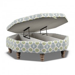 Delamere Octagonal Storage Ottoman 121cm (48") with Arabescato Italian Marble Inlay in Charlotte Gaisford Sharanshar Storm - Top Edge Backtacked - 12.7cm (5") Turned Leg Oak - No Trim