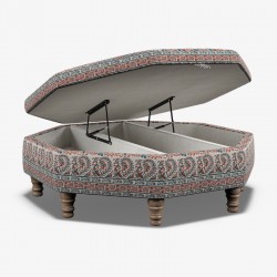Delamere Octagonal Storage Ottoman 121cm (48") with Arabescato Italian Marble Inlay in Ian Sanderson Mallow Border Cortez - Top Edge Self Piped - 12.7cm (5") Turned Leg Oak - No Trim