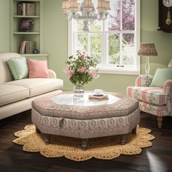 Delamere Octagonal Storage Ottoman 121cm (48") with Arabescato Italian Marble Inlay in Ian Sanderson Mallow Border Thrift - Top Edge Self Piped - 12.7cm (5") Turned Leg Oak - No Trim