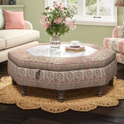 Delamere Octagonal Storage Ottoman 121cm (48") with Arabescato Italian Marble Inlay in Ian Sanderson Mallow Border Thrift - Top Edge Self Piped - 12.7cm (5") Turned Leg Oak - No Trim