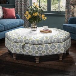 Delamere Octagonal Storage Ottoman 121cm (48") with Arabescato Italian Marble Inlay in Charlotte Gaisford Sharanshar Storm - Top Edge Backtacked - 12.7cm (5") Turned Leg Oak - No Trim