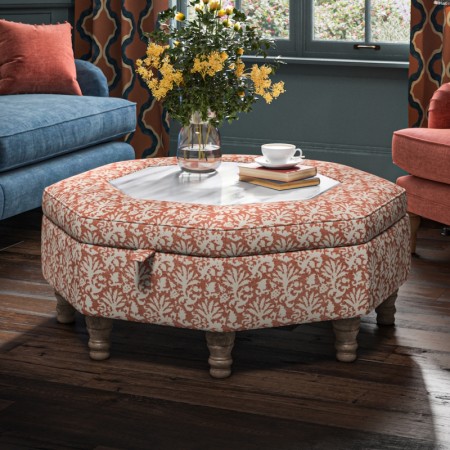 Delamere Octagonal Storage Ottoman 102cm (40") with Arabescato Italian Marble Inlay in Fermoie Aylsham - Top Edge Piped - 12.7cm (5") Turned Leg Oak