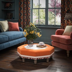 Cadora Octagonal Ottoman 80cm (31.5") with Arabescato Italian Marble Inlay in Linwood Romney Wool Ember - Top Edge Self Piped - 12.7cm (5") Turned Leg Oak - Customers Own Trim