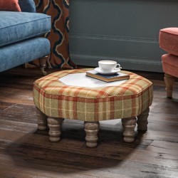 Cadora Octagonal Ottoman 60cm (24") with Arabescato Italian Marble Inlay in Moon Wool Threshfield Agate - Top Edge Self Piped - 12.7cm (5") Turned Leg Oak - No Trim