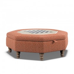 Delamere Octagonal Storage Ottoman 121cm (48") with Chess Board Inlay in Linwood Tango Weaves Carmine - Top Edge Back Tacked - 12.7cm (5") Turned Leg Oak - No Trim