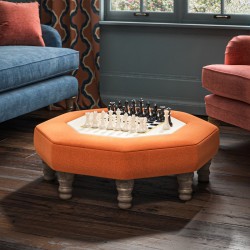 Cadora Octagonal Ottoman 60cm (24") with Chess Board Inlay in Linwood Romney Wool Ember - Top Edge Backtacked - 12.7cm (5") Turned Leg Oak - No Trim