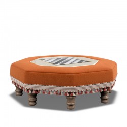 Cadora Octagonal Ottoman 60cm (24") with Chess Board Inlay in Linwood Romney Wool Ember - Top Edge Backtacked - 12.7cm (5") Turned Leg Oak - Customers Own Trim