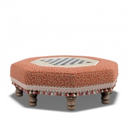 Cadora Octagonal Ottoman 60cm (24") with Chess Board Inlay in Linwood Tango Weaves Carmine - Top Edge Backtacked - 12.7cm (5") Turned Leg Oak - Customers Own Trim