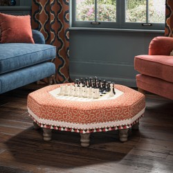 Cadora Octagonal Ottoman 60cm (24") with Chess Board Inlay in Linwood Tango Weaves Carmine - Top Edge Backtacked - 12.7cm (5") Turned Leg Oak - Customers Own Trim