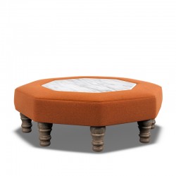Cadora Octagonal Ottoman 121cm (48") with Marble Inlay in Linwood Romney Wool Ember - Top Edge Self Piped - 12.7cm (5") Turned Leg Oak - No Trim