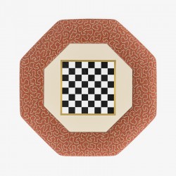 Cadora Octagonal Ottoman 121cm (48") with Chess Board Inlay in Linwood Tango Weaves Carmine - Top Edge Backtacked - 12.7cm (5") Turned Leg Oak - Customers Own Trim