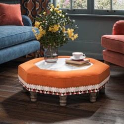 Cadora Octagonal Ottoman 102cm (40") with Marble Inlay in Linwood Romney Wool Ember - Top Edge Piped - 12.7cm (5") Turned Leg Oak - Customers Own Trim