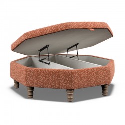 Delamere Octagonal Storage Ottoman 121cm (48") with Chess Board Inlay in Linwood Tango Weaves Carmine - Top Edge Self Piped - 12.7cm (5") Turned Leg Oak - No Trim