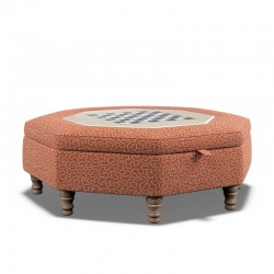 Delamere Octagonal Storage Ottoman 121cm (48") with Chess Board Inlay in Linwood Tango Weaves Carmine - Top Edge Self Piped - 12.7cm (5") Turned Leg Oak - No Trim