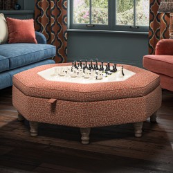 Delamere Octagonal Storage Ottoman 121cm (48") with Chess Board Inlay in Linwood Tango Weaves Carmine - Top Edge Self Piped - 12.7cm (5") Turned Leg Oak - No Trim