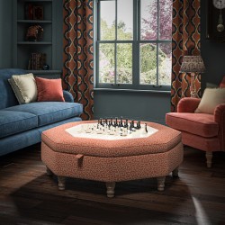 Delamere Octagonal Storage Ottoman 121cm (48") with Chess Board Inlay in Linwood Tango Weaves Carmine - Top Edge Self Piped - 12.7cm (5") Turned Leg Oak - No Trim