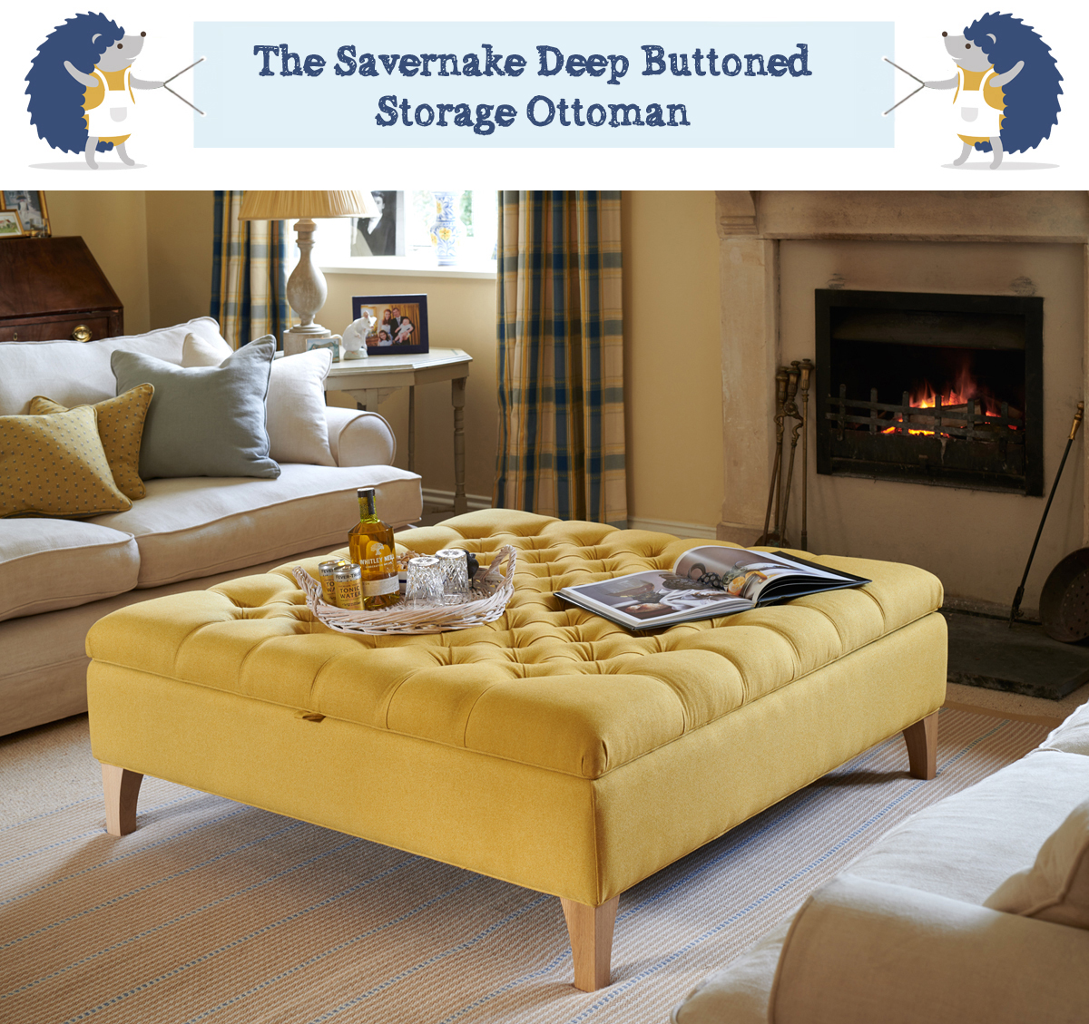 Deep buttoned footstool with storage