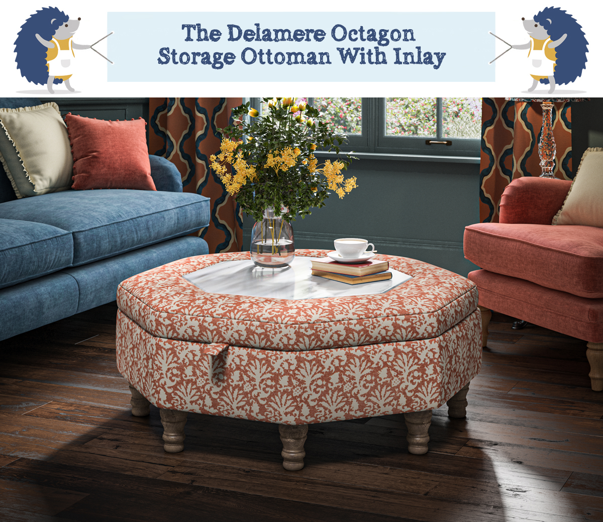 octogon shaped footstool ottoman with storage and a corian inlay in the lid